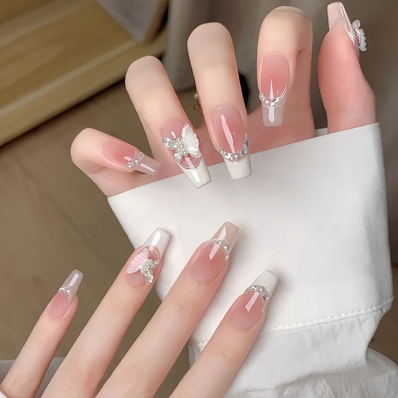 Elegant Long Press-On Nails Set with Artistic Tips Stornfield
