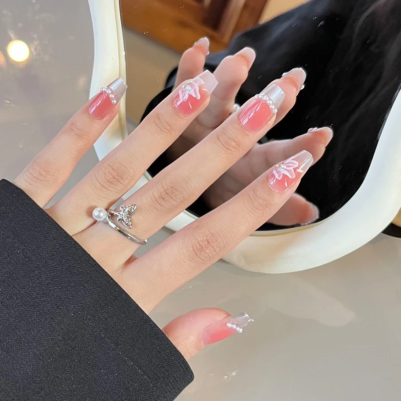 Elegant Long Press-On Nails Set with Artistic Tips Stornfield
