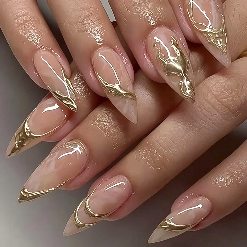 Elegant Stiletto Press-On Nail Art with Gold Accents Stornfield