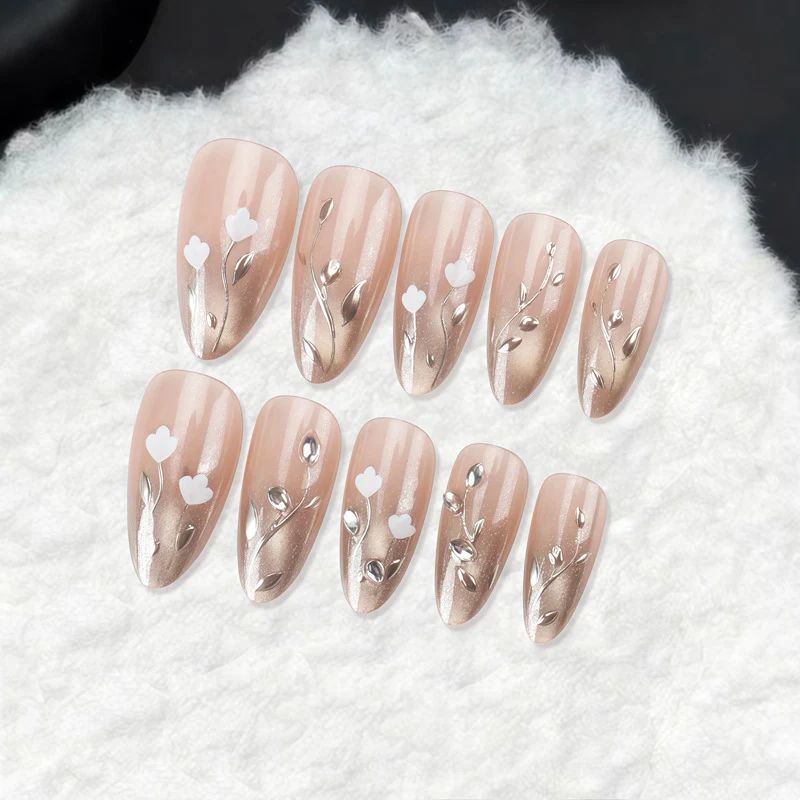 Elegant Stiletto Press-On Nail Art Set with Floral Accents Stornfield