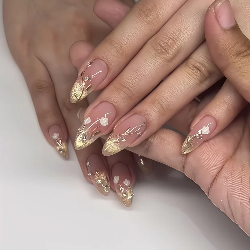 Elegant Stiletto Press-On Nail Art Set with Floral Accents Stornfield