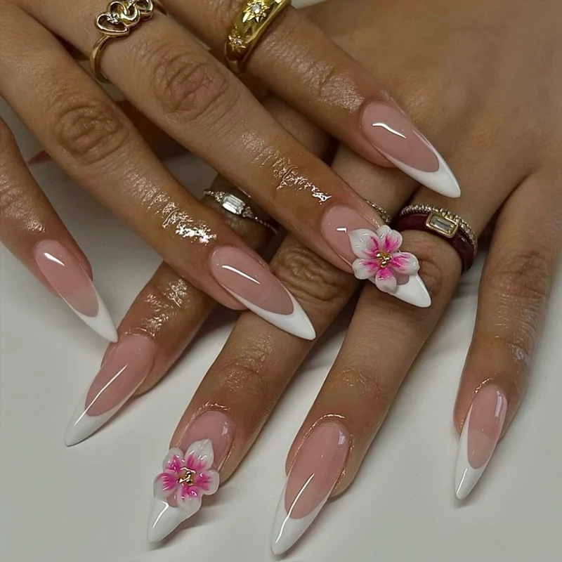 Elegant Stiletto Nail Art Set with Floral Accents Stornfield