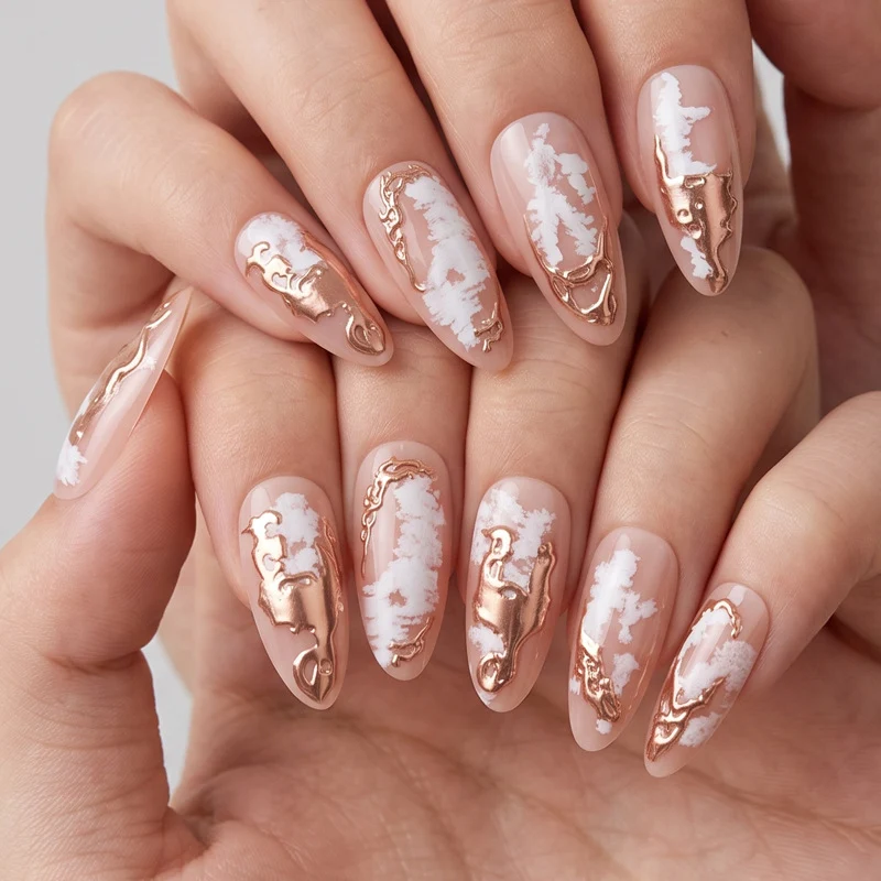 Elegant Press-On Nails with Artistic Marble and Metallic Design Stornfield