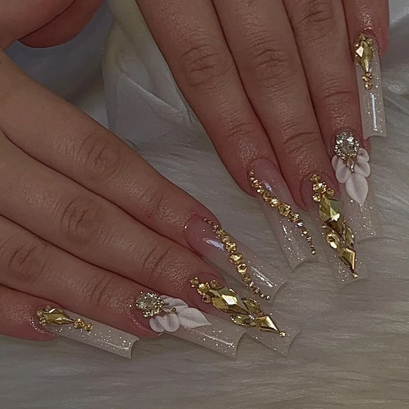 Premium Decorative Press-On Nail Set with Floral and Gem Accents Stornfield