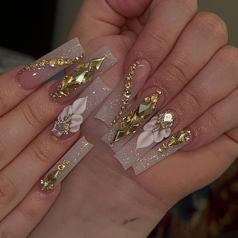 Premium Decorative Press-On Nail Set with Floral and Gem Accents Stornfield