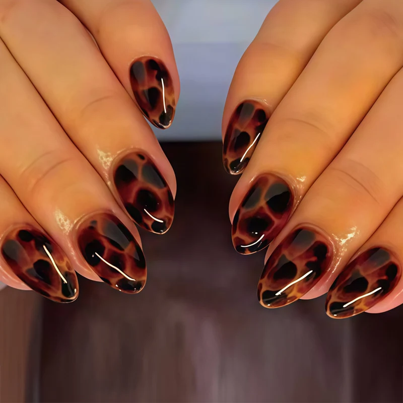 Glossy Stiletto Nail Tips with Leopard Print Design Stornfield