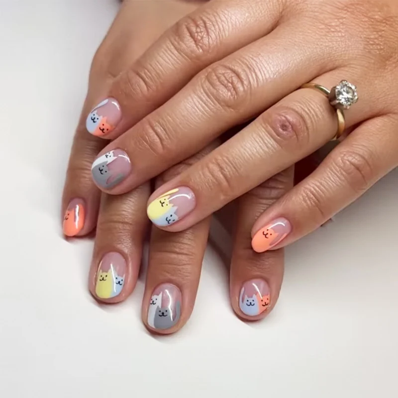 Playful Cat-Themed Press-On Nails Stornfield