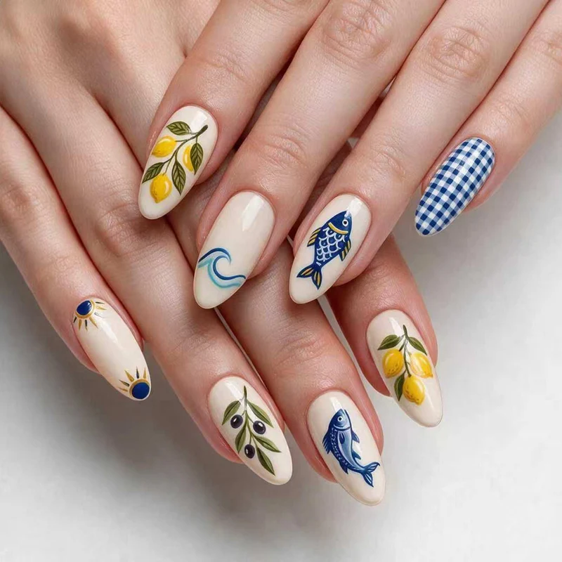 Artistic Nail Art with Fruit and Ocean Motifs Stornfield