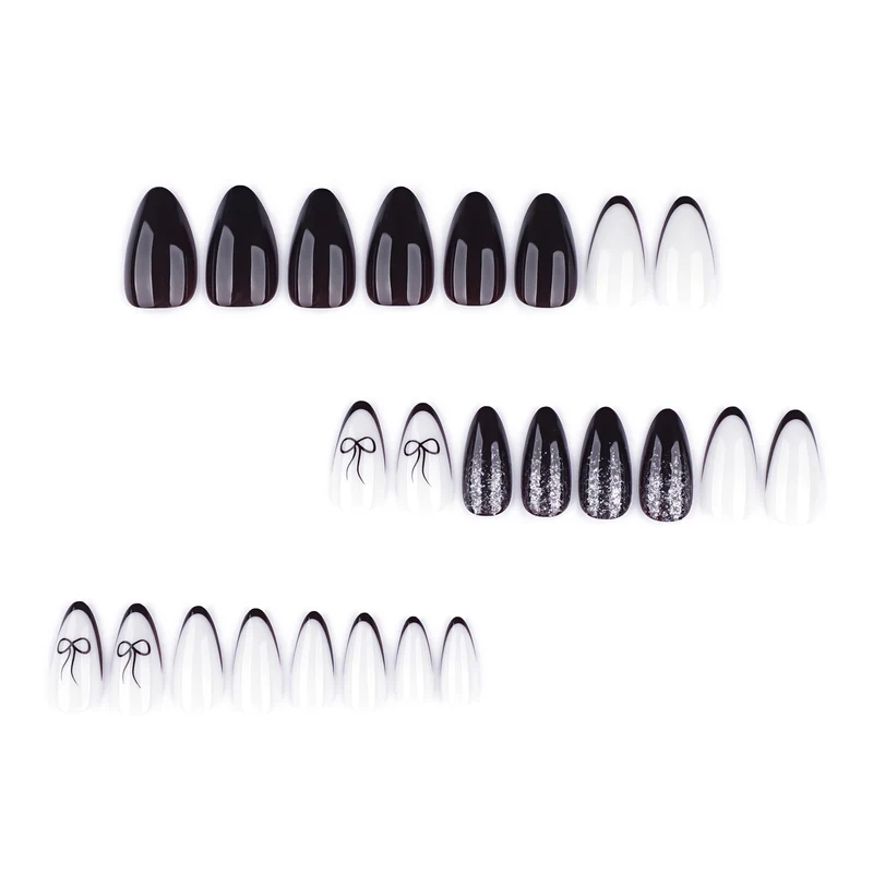 Artful nail art with elegant bow pattern and glitter accents Stornfield