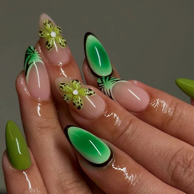 Artful Gel Nails with Floral Design and Glitter Effects Stornfield