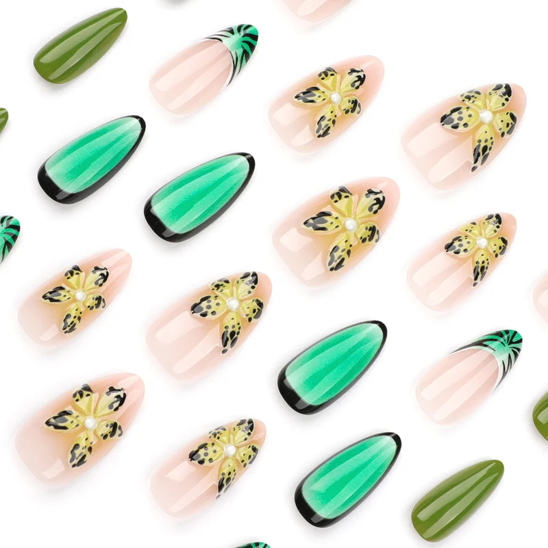 Artful Gel Nails with Floral Design and Glitter Effects Stornfield
