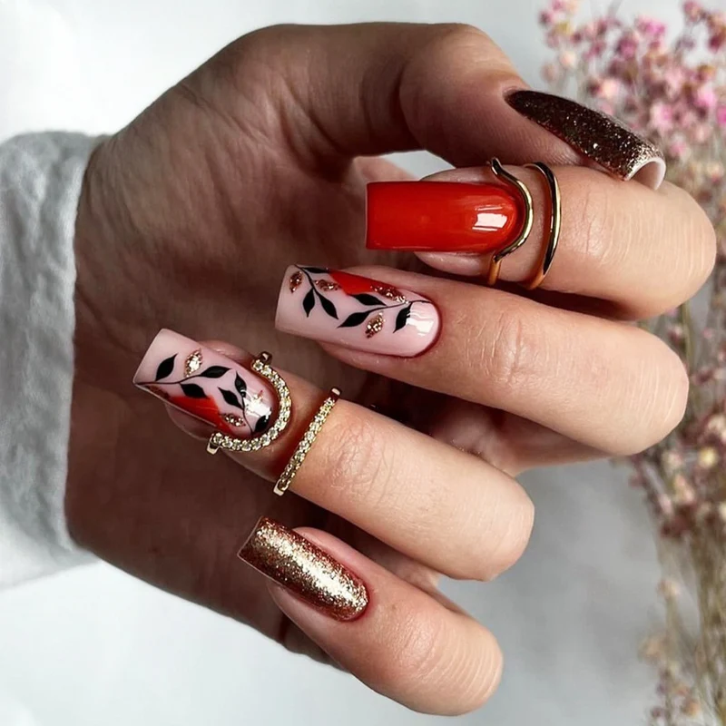 Artful Gel Nails with Elegant Floral Design and Glitter Accents Stornfield