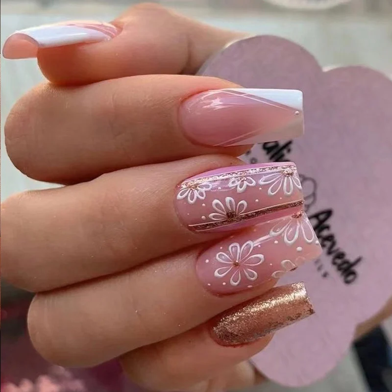 Artful Gel Nails with Elegant Floral Design and Glitter Accents Stornfield