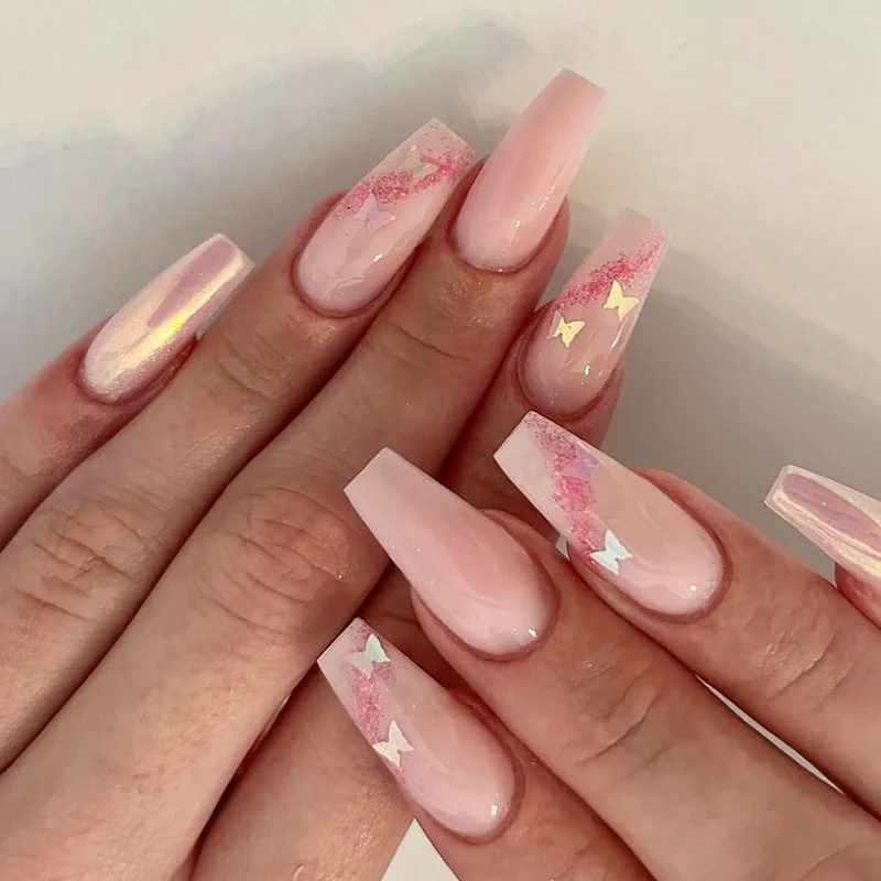 Artful Gel Nails with Elegant Floral Design and Glitter Accents Stornfield