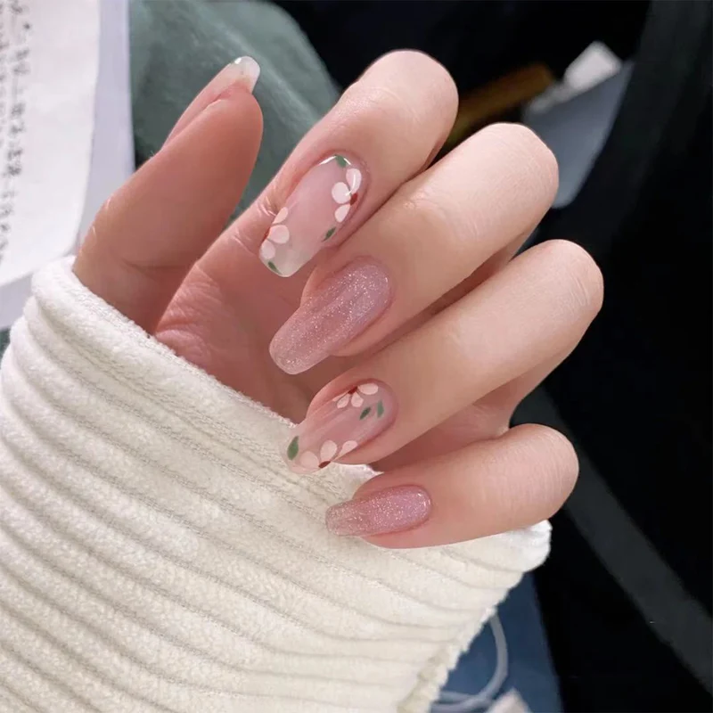 Artful Gel Nails with Elegant Floral Design and Glitter Accents Stornfield