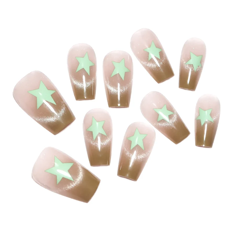 Artificial nail extensions with shimmer effect and star motifs Stornfield
