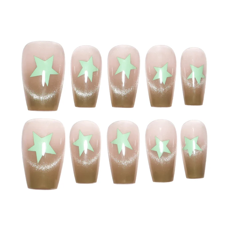 Artificial nail extensions with shimmer effect and star motifs Stornfield