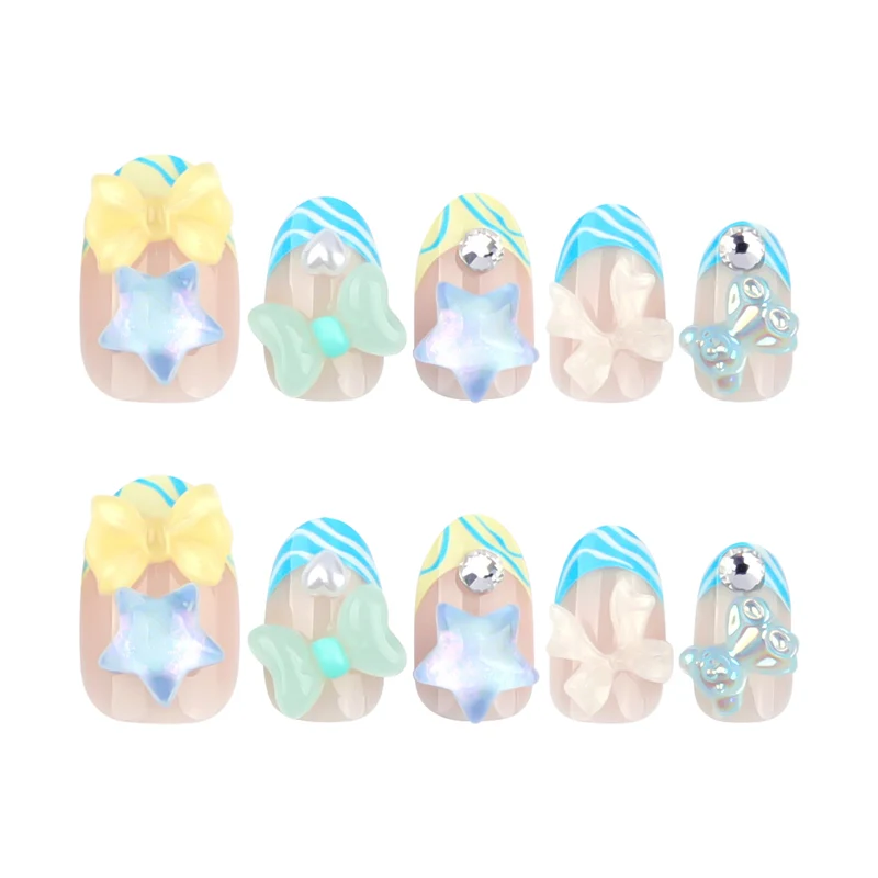 Artificial nail art with colorful pastel designs and 3D embellishments Stornfield