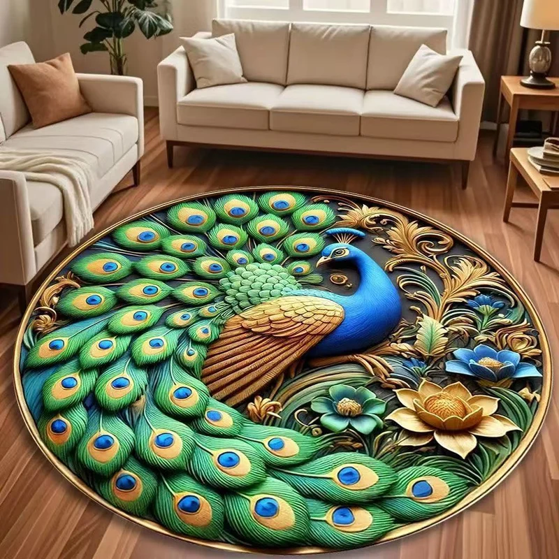Round Peacock-Inspired Area Rug
