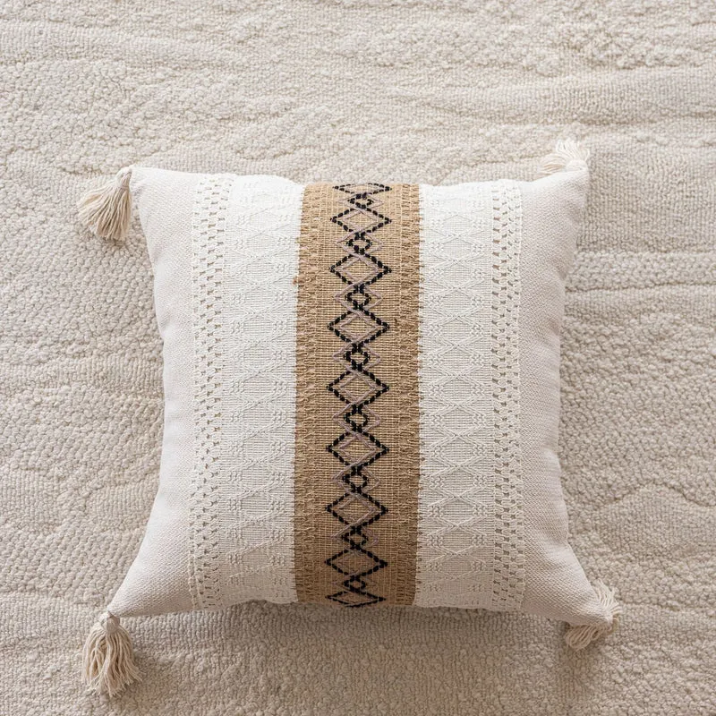 Bohemian Woven Tassel Lumbar Throw Pillow with Jute Center