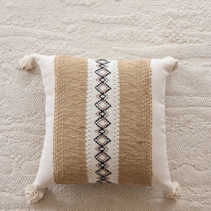 Bohemian Woven Tassel Lumbar Throw Pillow with Jute Center