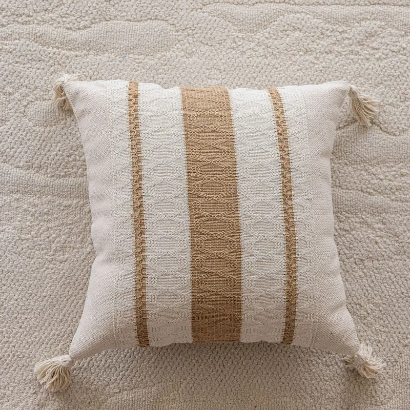 Bohemian Woven Tassel Lumbar Throw Pillow with Jute Center