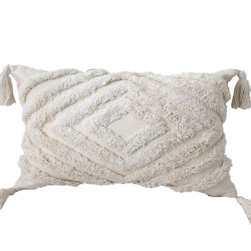 Bohemian Tufted Cotton Lumbar Throw Pillow with Clustered Fringe Texture and Corner Tassels