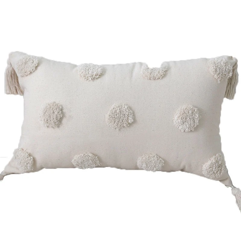 Bohemian Tufted Cotton Lumbar Throw Pillow with Clustered Fringe Texture and Corner Tassels