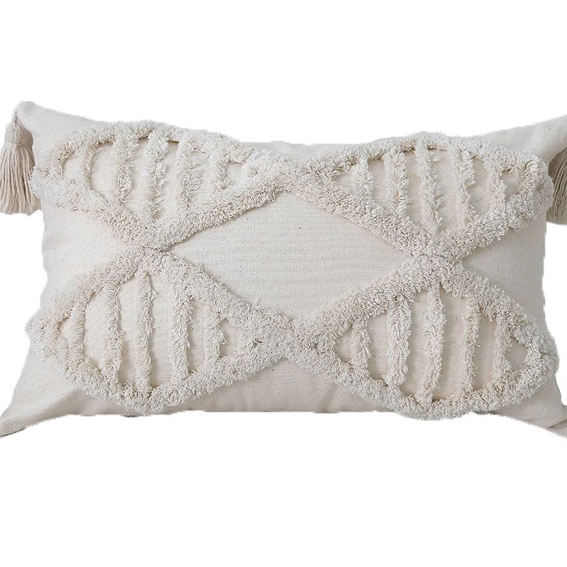Bohemian Tufted Cotton Lumbar Throw Pillow with Clustered Fringe Texture and Corner Tassels