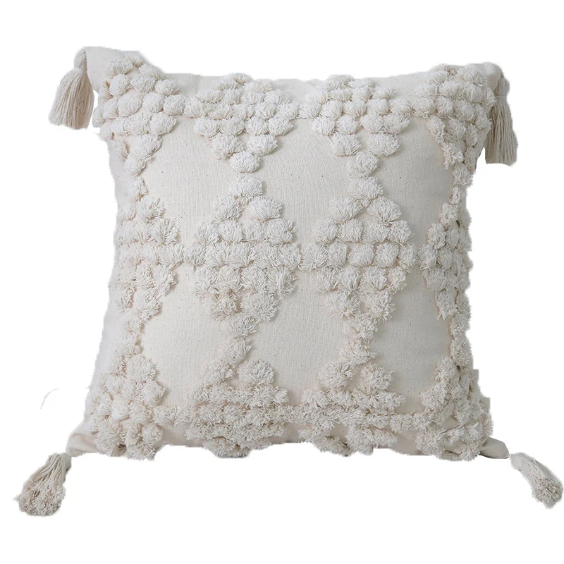 Bohemian Tufted Cotton Lumbar Throw Pillow with Clustered Fringe Texture and Corner Tassels