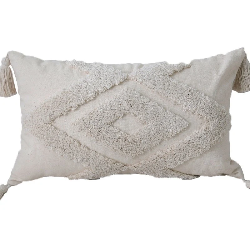Bohemian Tufted Cotton Lumbar Throw Pillow with Clustered Fringe Texture and Corner Tassels
