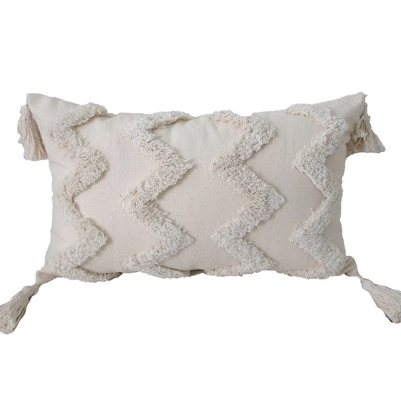 Bohemian Tufted Cotton Lumbar Throw Pillow with Clustered Fringe Texture and Corner Tassels