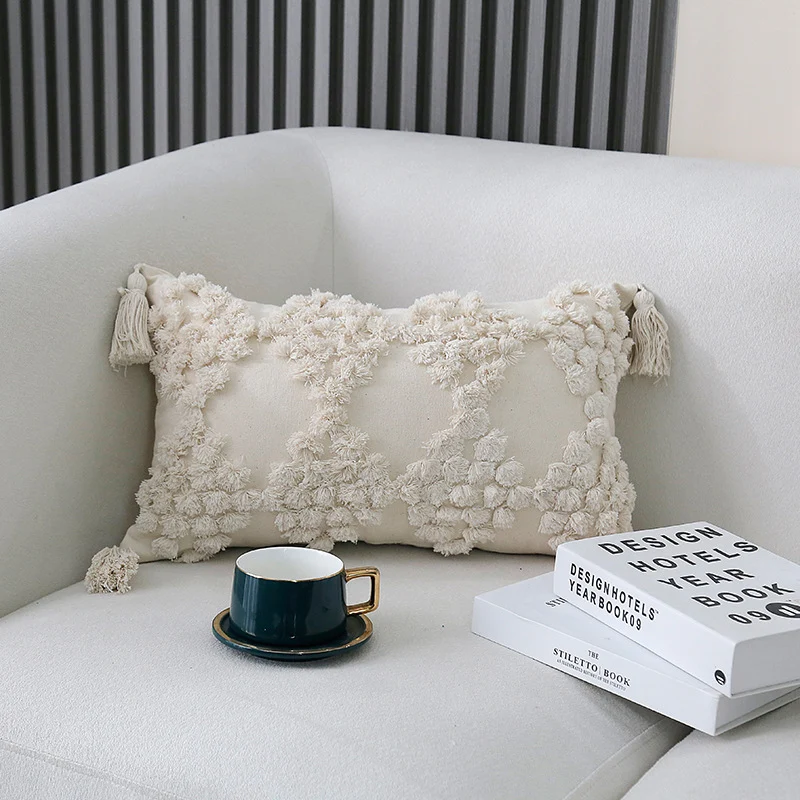Bohemian Tufted Cotton Lumbar Throw Pillow with Clustered Fringe Texture and Corner Tassels