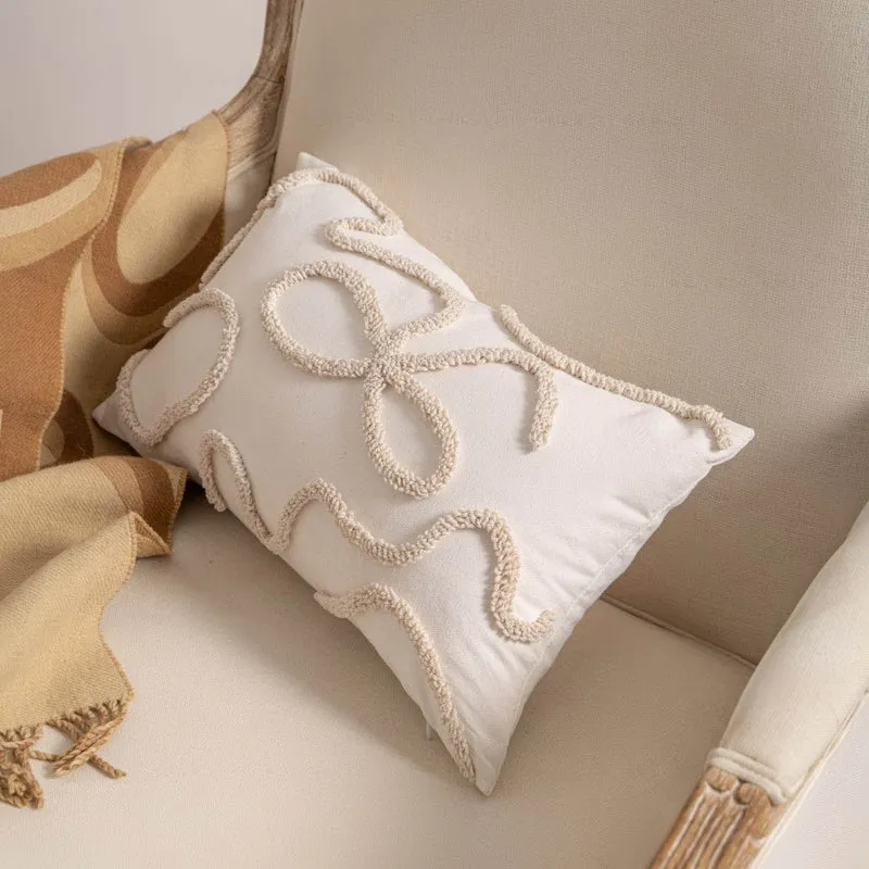 Bohemian Loop-Tufted Lumbar Pillow Cover with Curved Appliqué Texture