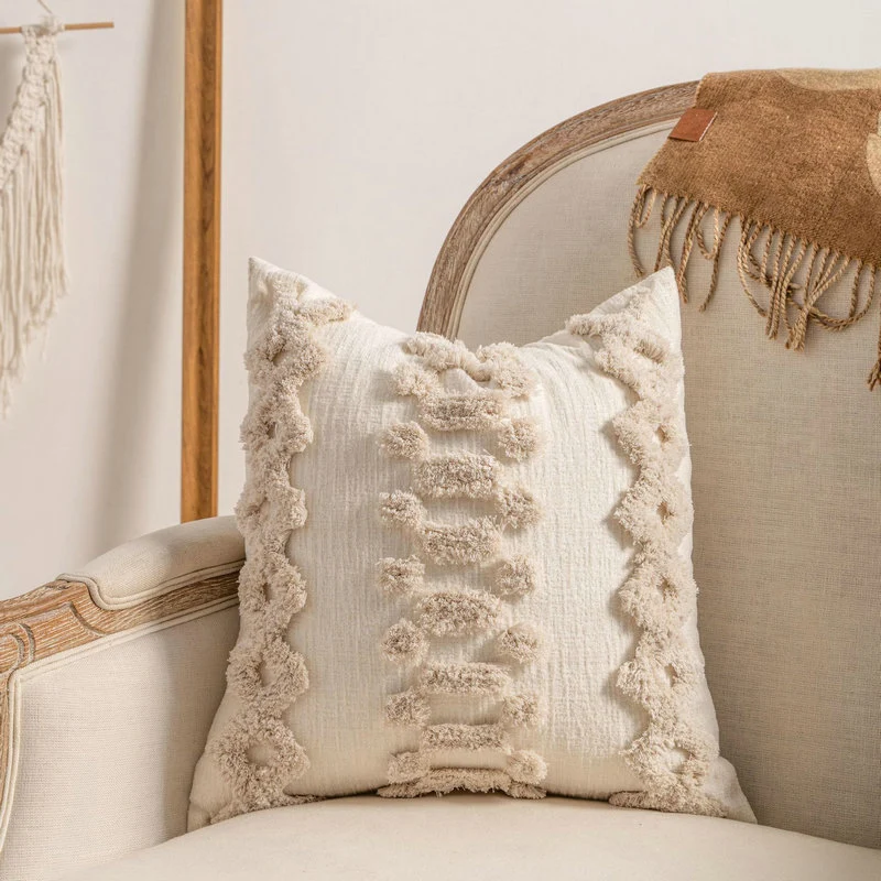 Bohemian Loop-Tufted Lumbar Pillow Cover with Curved Appliqué Texture