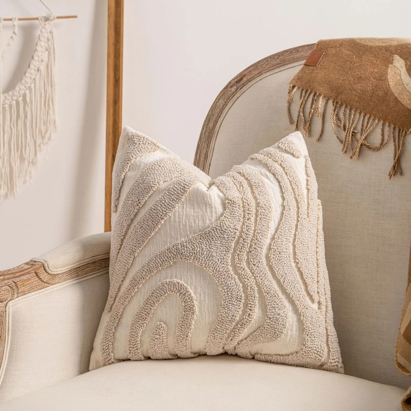 Bohemian Loop-Tufted Lumbar Pillow Cover with Curved Appliqué Texture