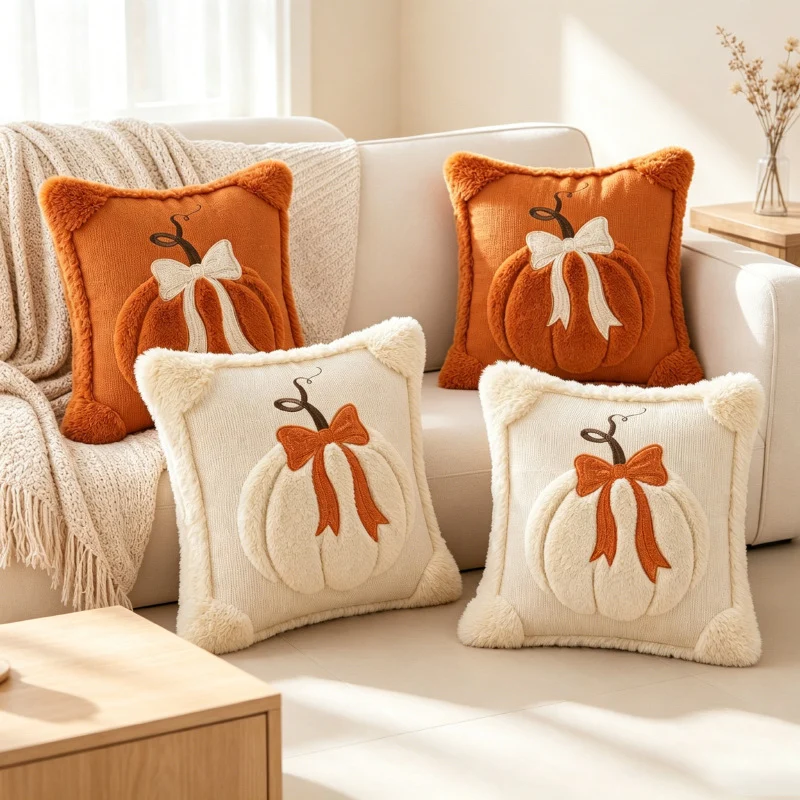 Autumn Pumpkin Chenille Tufted Square Throw Pillow Cover with Plush Raised Motif