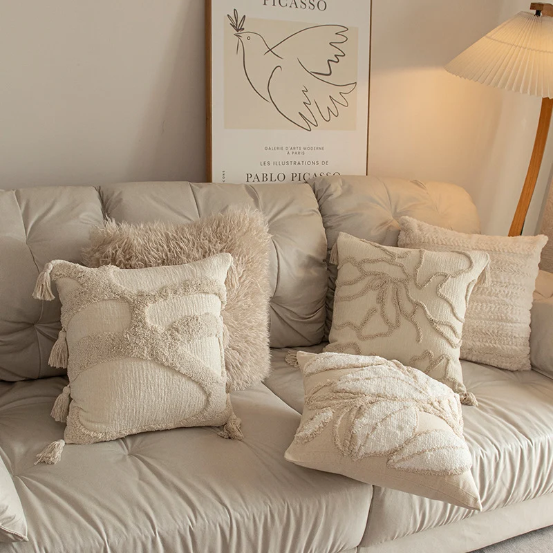 Abstract Raised-Loop Tufted Square Cushion Cover with Knotted Corner Tassels