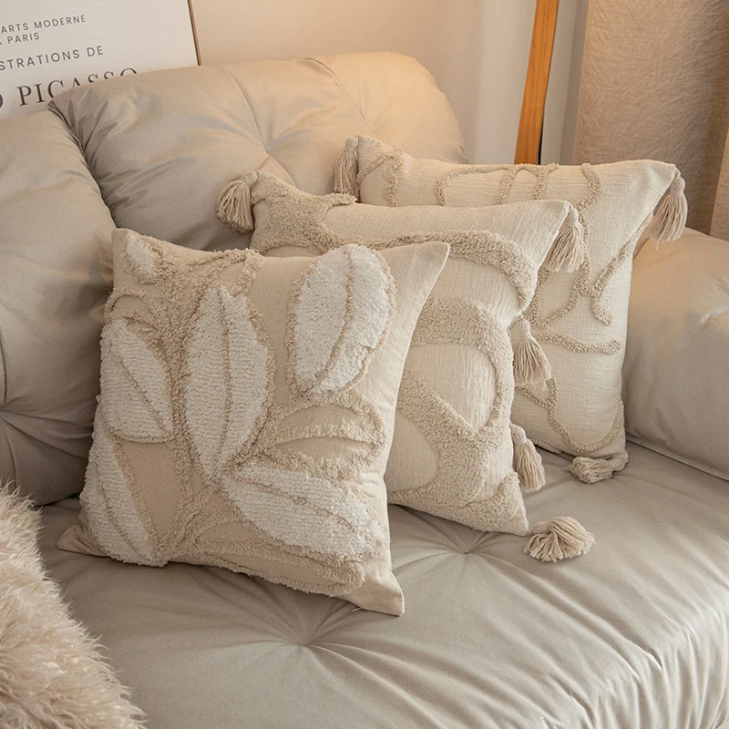 Abstract Raised-Loop Tufted Square Cushion Cover with Knotted Corner Tassels