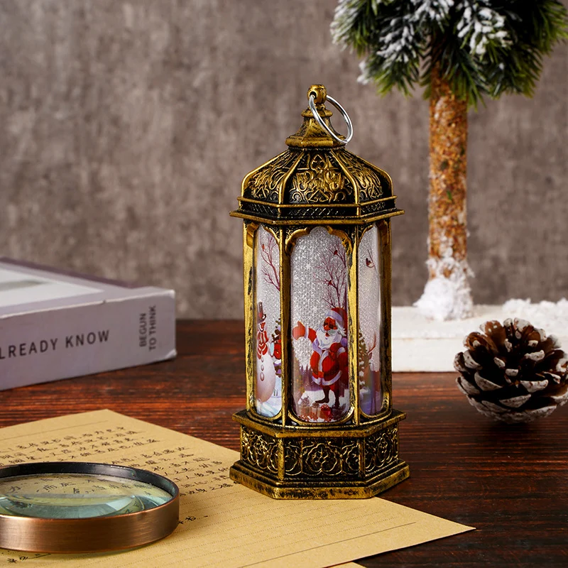 Vintage Moroccan-Style LED Snow Lantern with Rotating Christmas Scene
