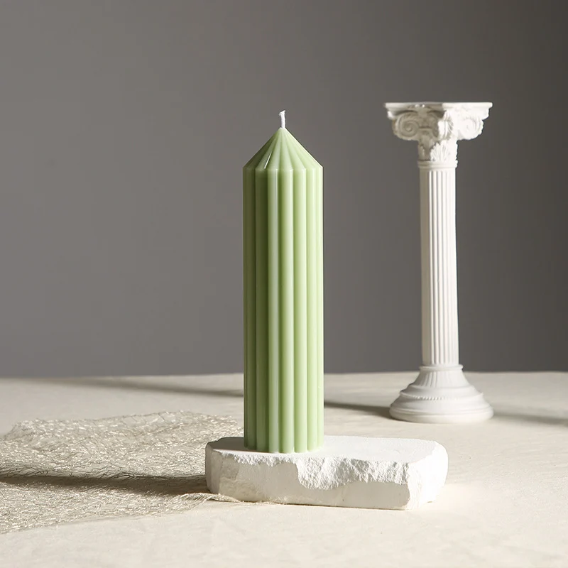 Vertical-Fluted Sculptural Pillar Candle with Pointed Faceted Top
