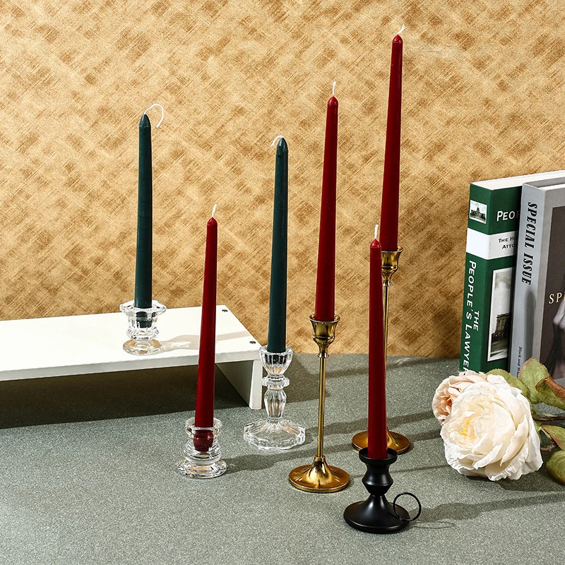 Unscented Slim Taper Candle Pair with Clear Crystal Glass Candlestick Holders