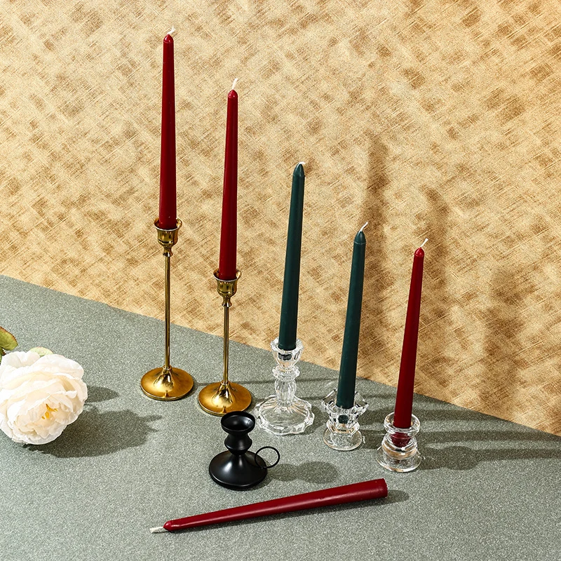 Unscented Slim Taper Candle Pair with Clear Crystal Glass Candlestick Holders