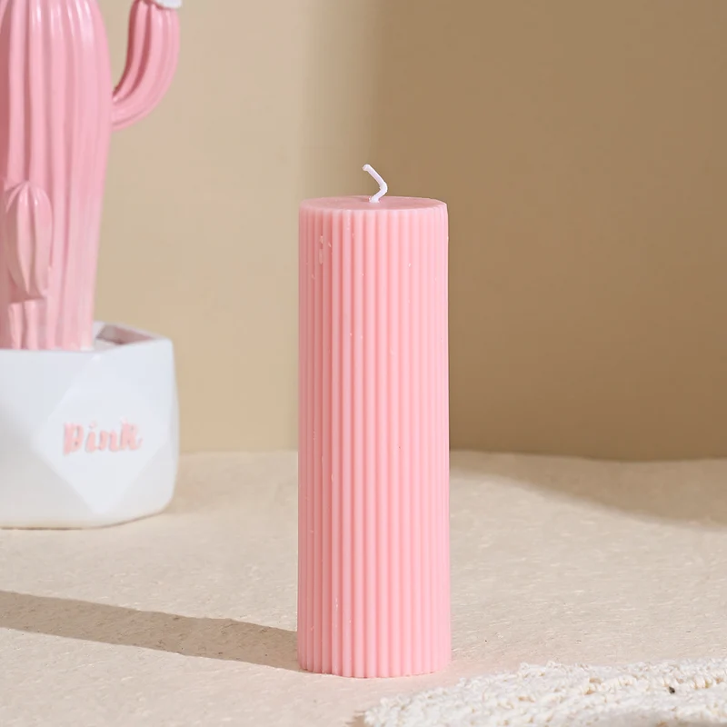 Textured Ribbed Short Pillar Candle with Slow-Burn Wax