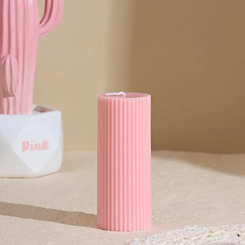 Textured Ribbed Short Pillar Candle with Slow-Burn Wax