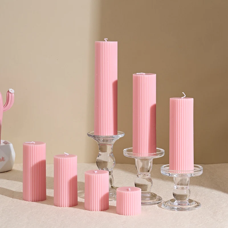 Textured Ribbed Short Pillar Candle with Slow-Burn Wax