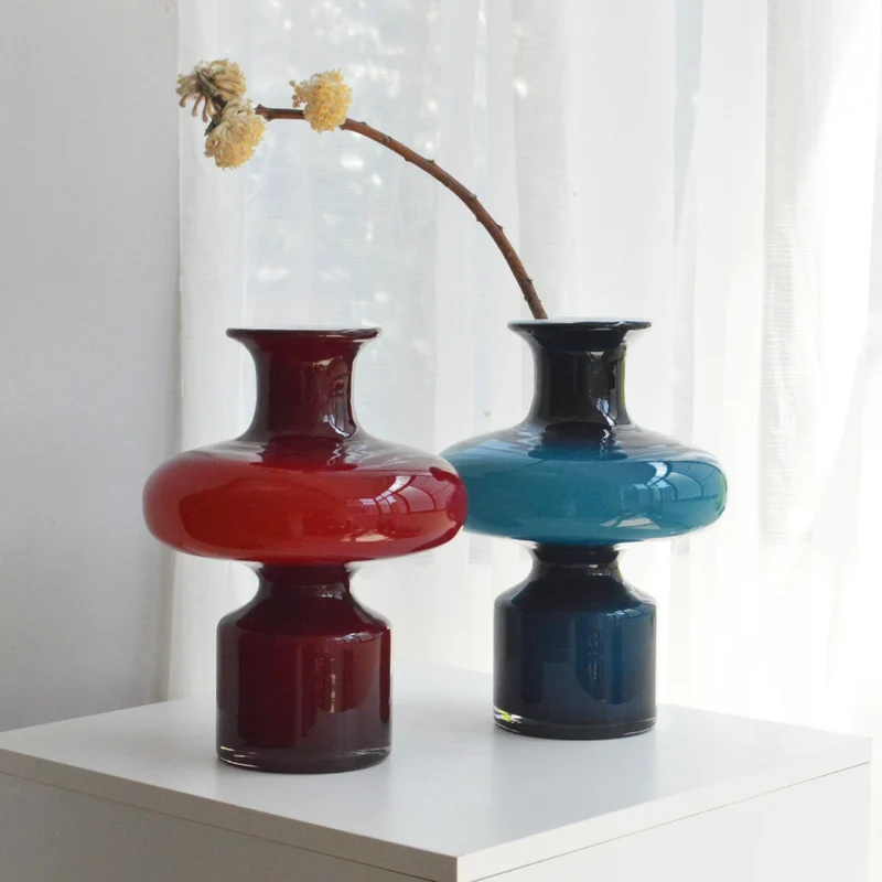 Studio-Blown Mushroom-Profile Art Glass Accent Vase with Stacked Silhouette Stornfield