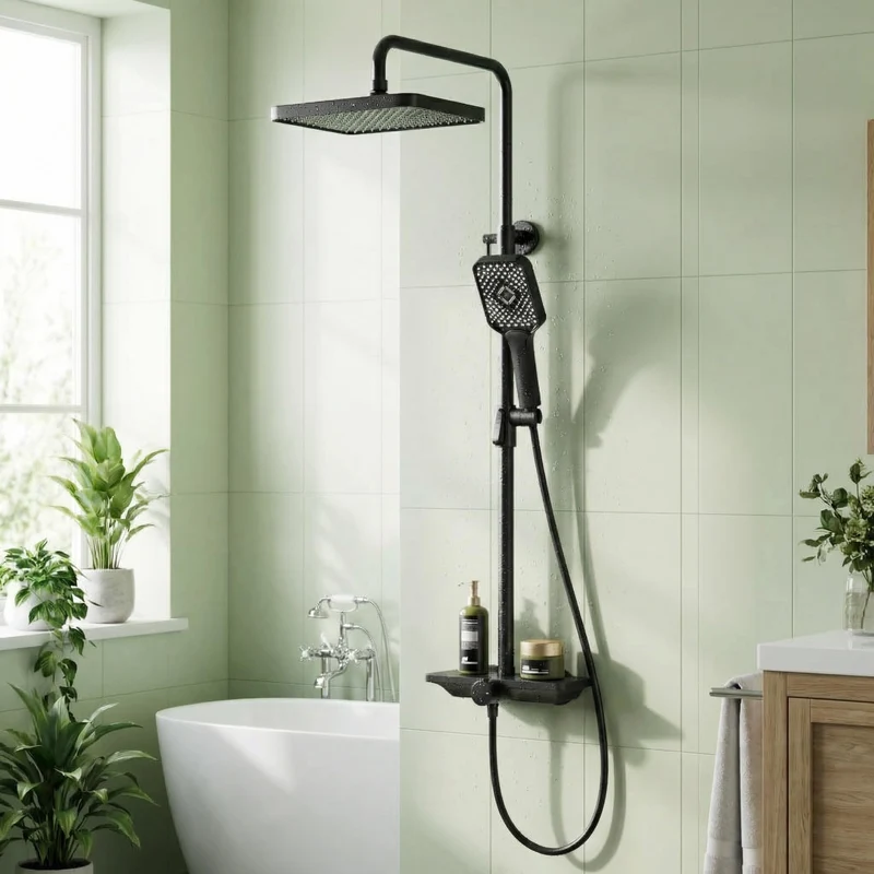 Sistema Doccia Garvee con Doccia a Soffione Set con Soffione da 250mm, Doccia a Mano 3+1 Funzioni, Acciaio Inox Cromato, Mensola Integrata, Asta Doccia Regolabile, Bagno Moderno