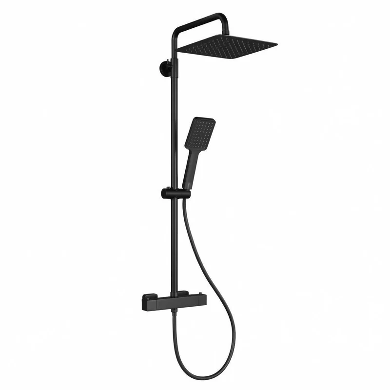 Garvee Set Doccia con Termostato e Doccetta Pioggia 25cm, Acciaio Inox, Barra Regolabile, Sistema Completo per Bagni Moderni, Nero Cromato