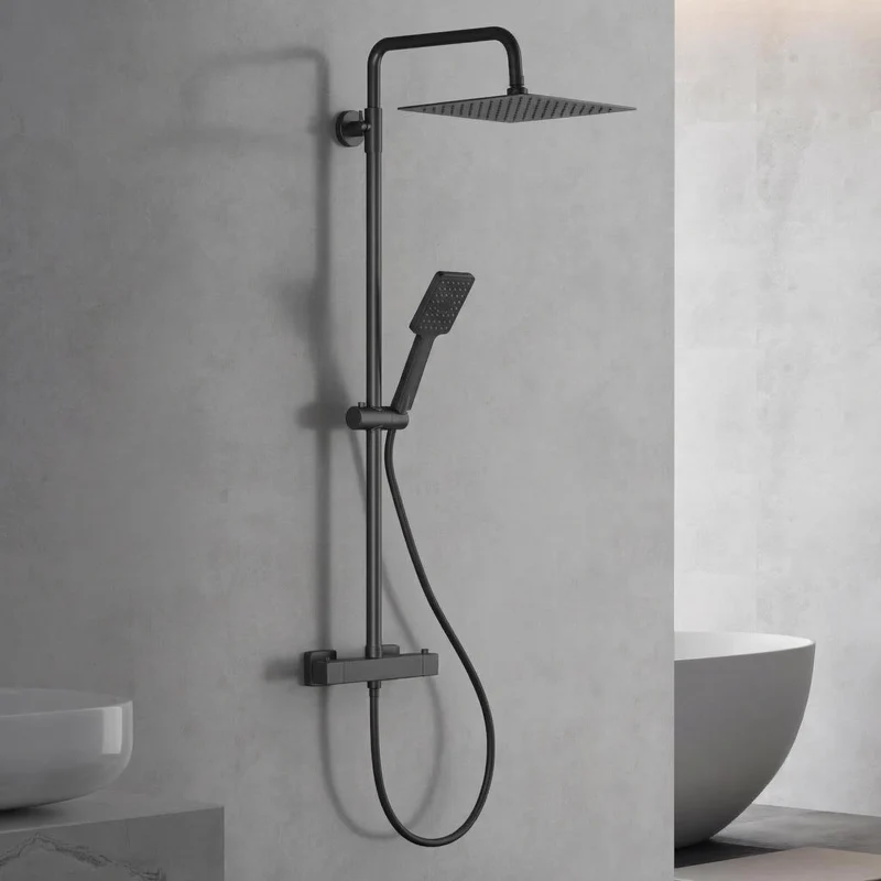 Garvee Set Doccia con Termostato e Doccetta Pioggia 25cm, Acciaio Inox, Barra Regolabile, Sistema Completo per Bagni Moderni, Nero Cromato